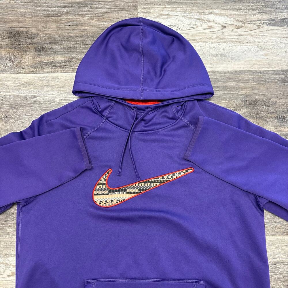Nike Therma-Fit Purple Orange Womens‎ M Big Swoosh Hooded Activewear Sweatshirt
